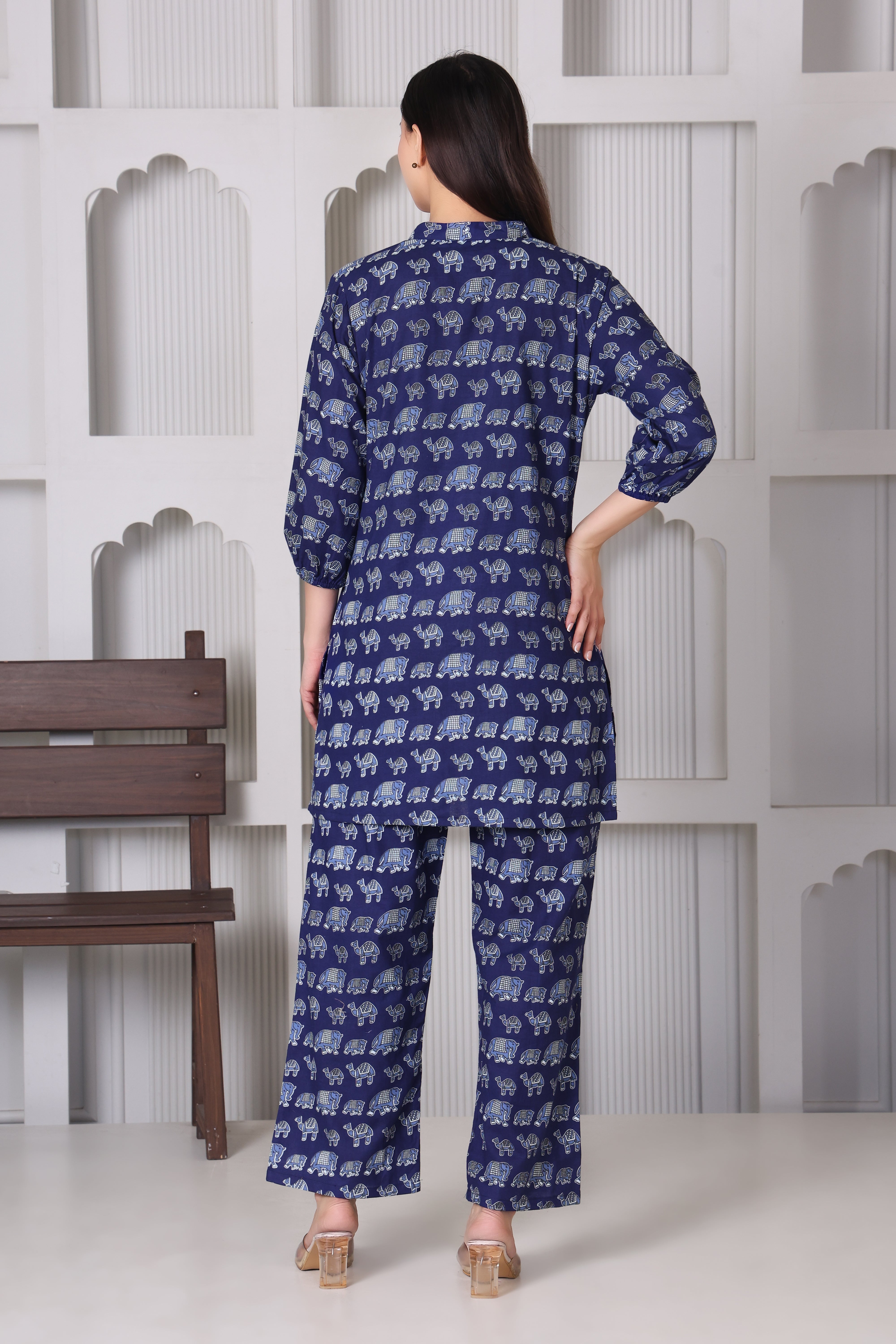 Women’s Navy Blue Elephant Print Night Suit Co-Ord Set