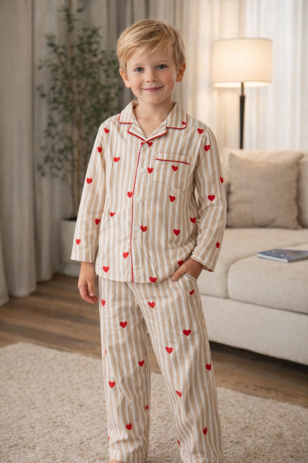 🧒 Kids Stripe & Heart Printed Cotton Night Suit Set – Cute & Comfortable Sleepwear
