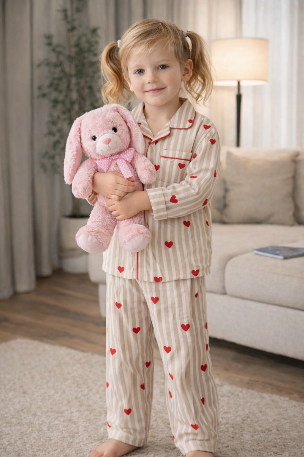 🧒 Kids Stripe & Heart Printed Cotton Night Suit Set – Cute & Comfortable Sleepwear