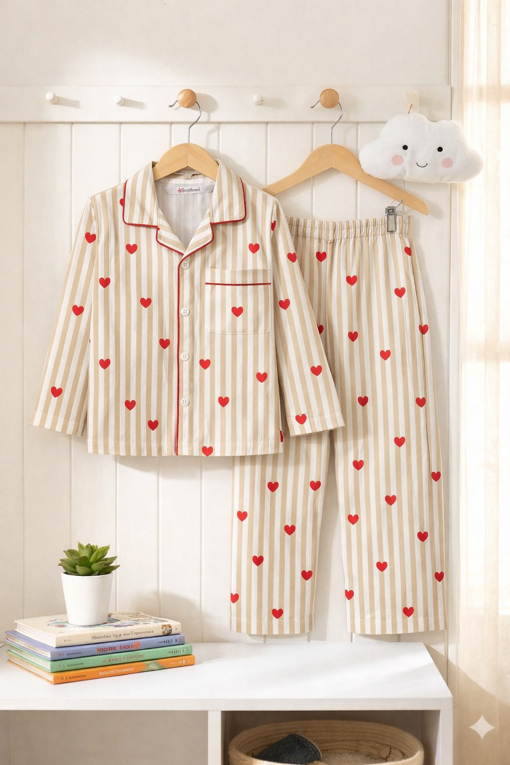 🧒 Kids Stripe & Heart Printed Cotton Night Suit Set – Cute & Comfortable Sleepwear