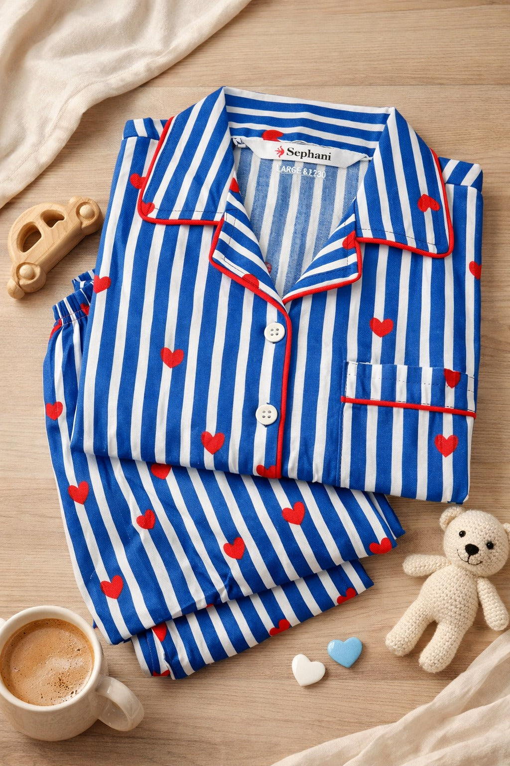 🧒 Kids Stripe & Heart Printed Cotton Night Suit Set – Comfortable Sleepwear