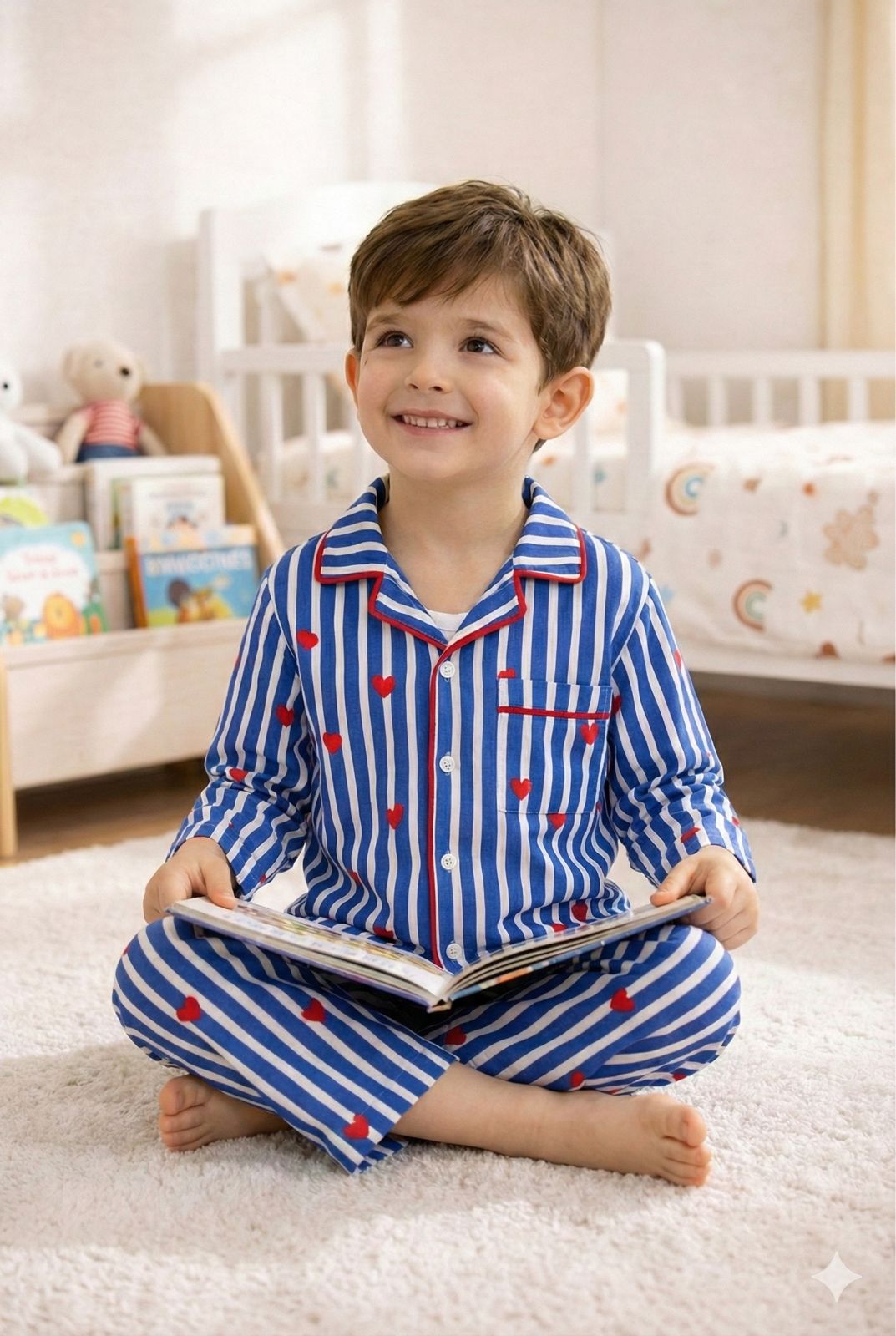 🧒 Kids Stripe & Heart Printed Cotton Night Suit Set – Comfortable Sleepwear