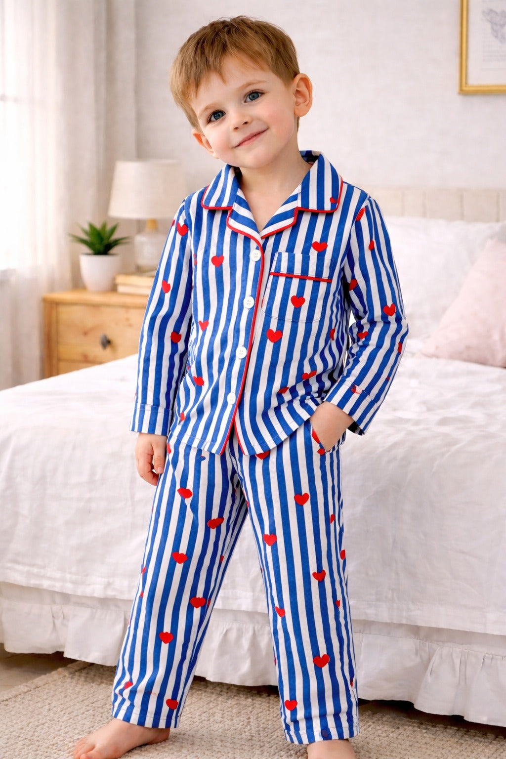 🧒 Kids Stripe & Heart Printed Cotton Night Suit Set – Comfortable Sleepwear