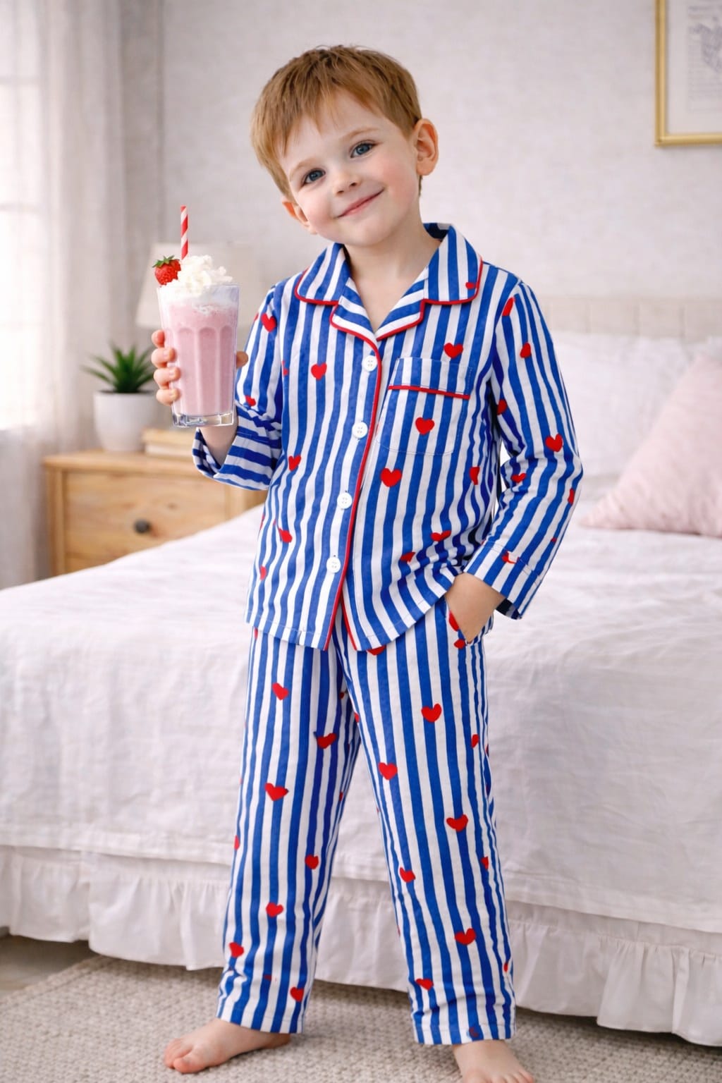🧒 Kids Stripe & Heart Printed Cotton Night Suit Set – Comfortable Sleepwear