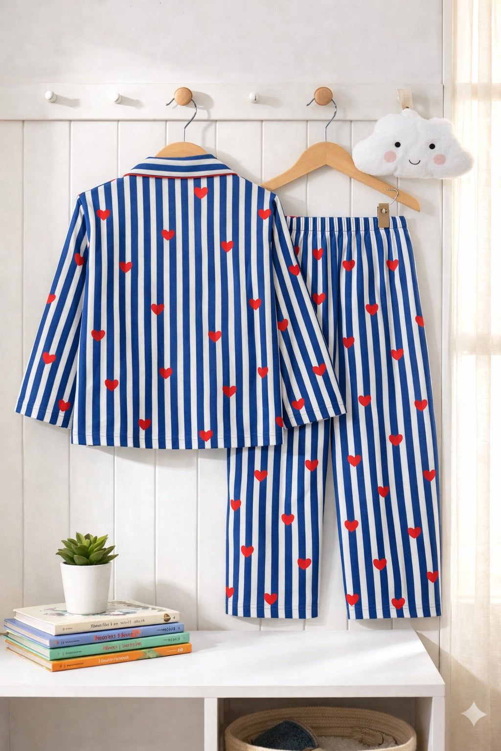 🧒 Kids Stripe & Heart Printed Cotton Night Suit Set – Comfortable Sleepwear