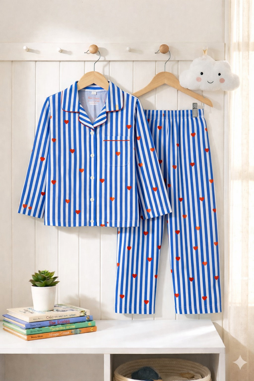 🧒 Kids Stripe & Heart Printed Cotton Night Suit Set – Comfortable Sleepwear