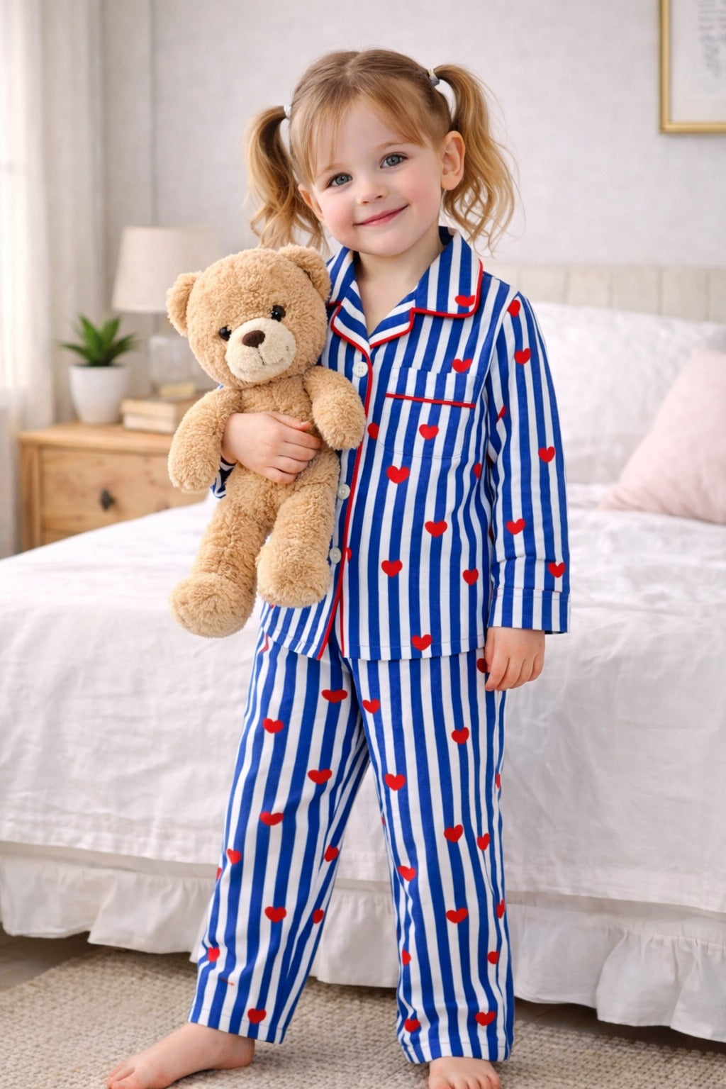 🧒 Kids Stripe & Heart Printed Cotton Night Suit Set – Comfortable Sleepwear