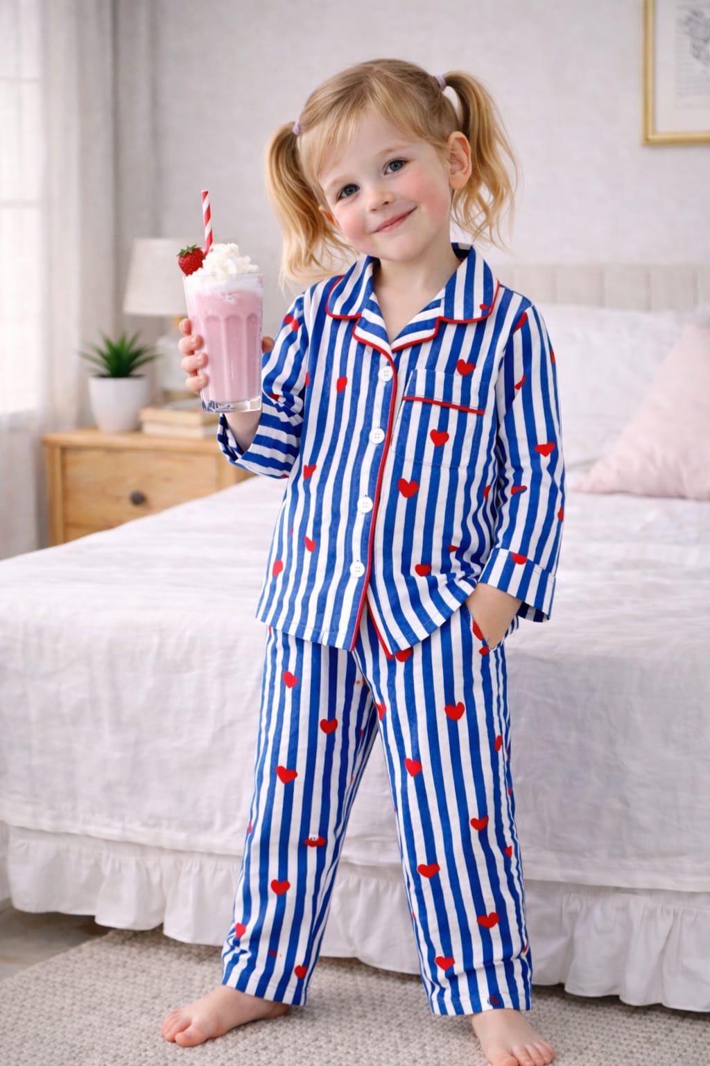 🧒 Kids Stripe & Heart Printed Cotton Night Suit Set – Comfortable Sleepwear
