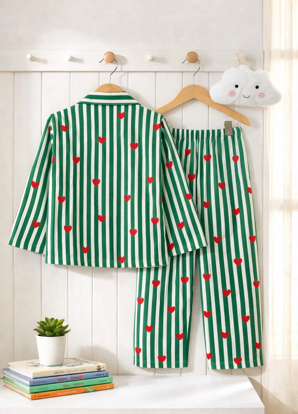 Green Striped Heart Printed Night Suit Set for Kids