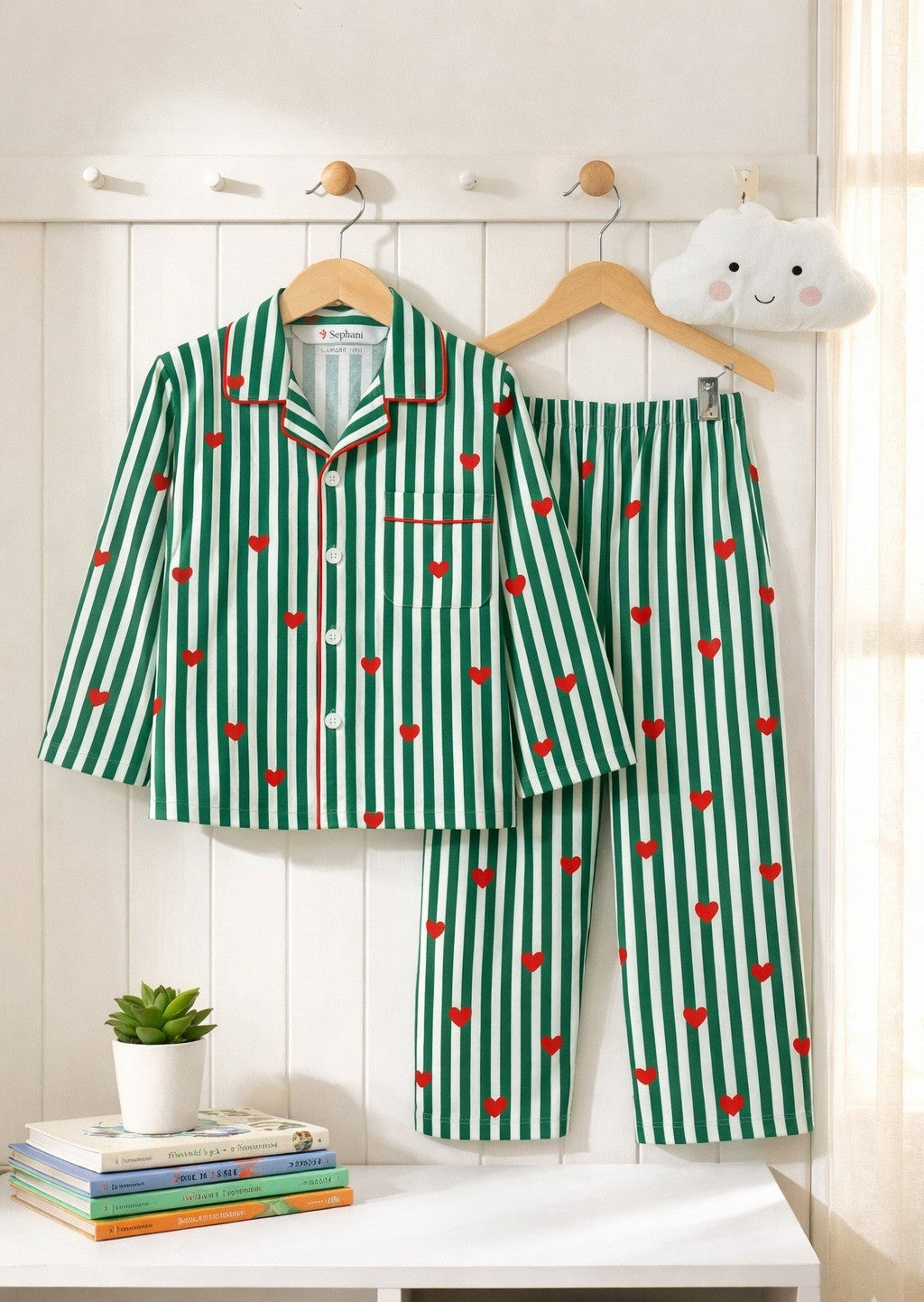 Green Striped Heart Printed Night Suit Set for Kids
