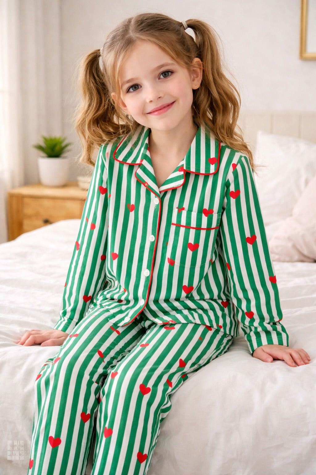 💚 Kids Heart Print Cotton Night Suit – Green Stripe Full Sleeve Pajama Set for Girls