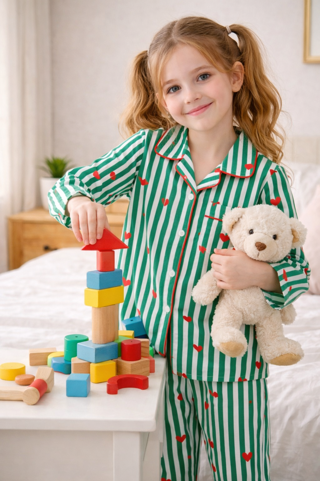 💚 Kids Heart Print Cotton Night Suit – Green Stripe Full Sleeve Pajama Set for Girls