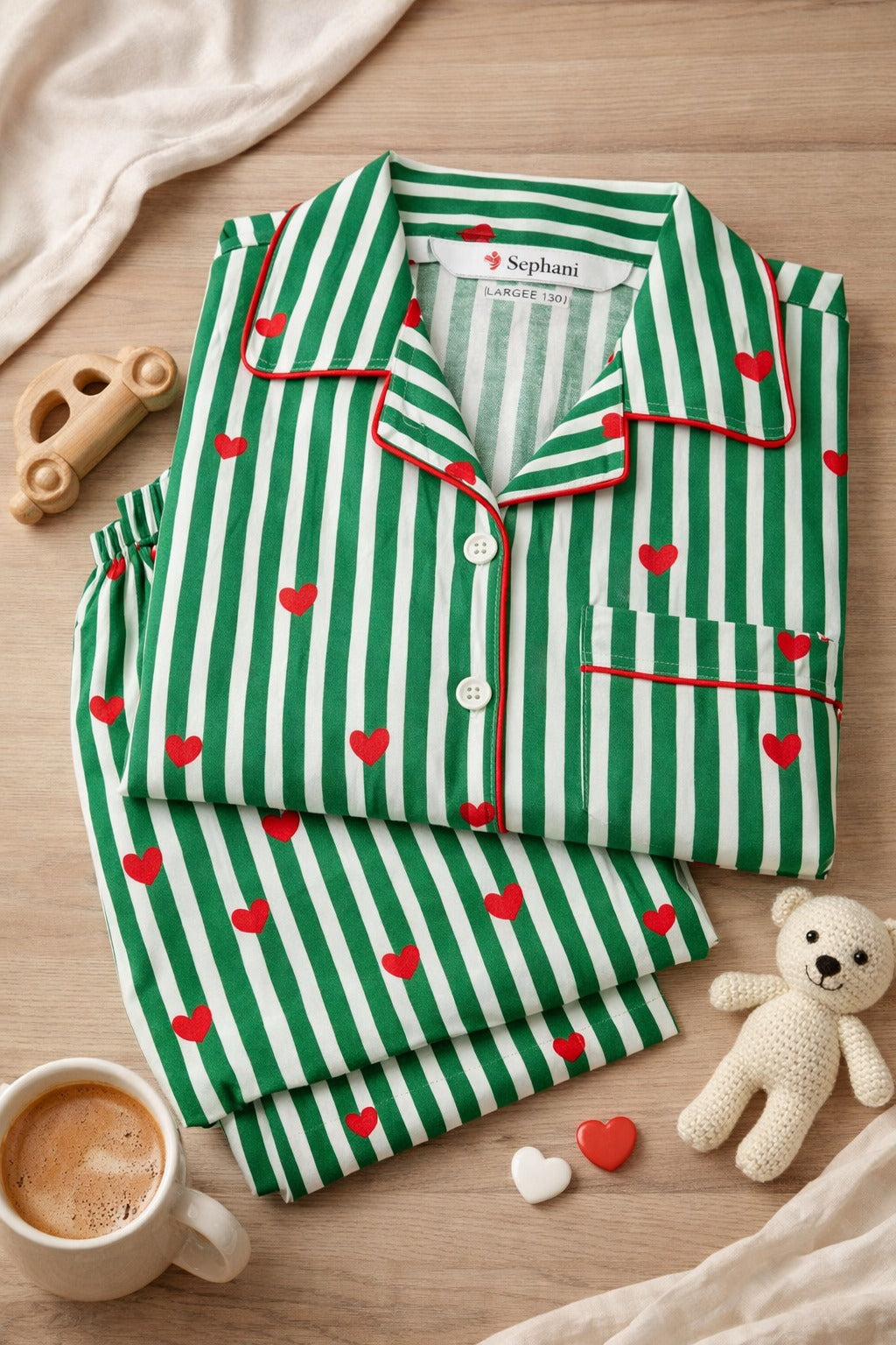 💚 Kids Heart Print Cotton Night Suit – Green Stripe Full Sleeve Pajama Set for Girls
