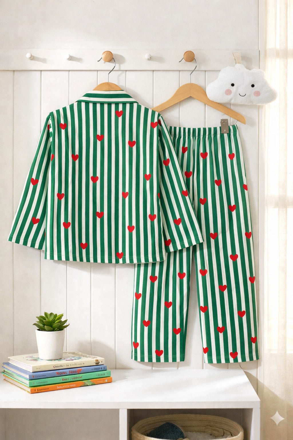 💚 Kids Heart Print Cotton Night Suit – Green Stripe Full Sleeve Pajama Set for Girls