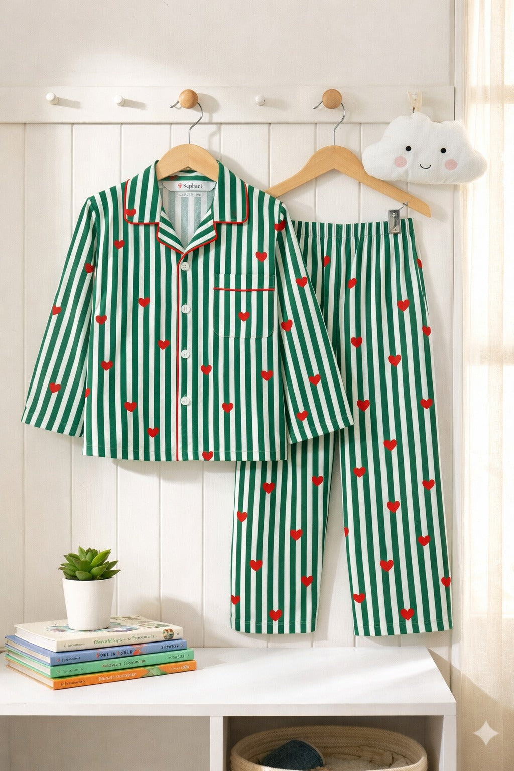 💚 Kids Heart Print Cotton Night Suit – Green Stripe Full Sleeve Pajama Set for Girls