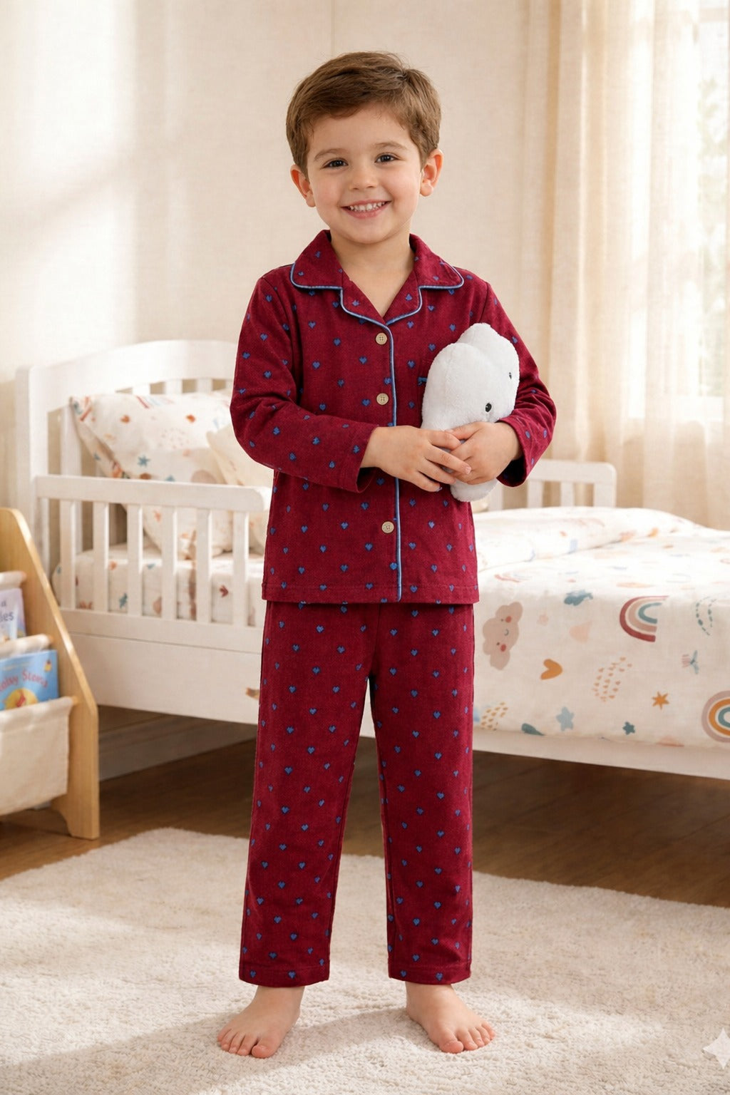 🌸❤️ Boys Maroon Heart Printed Night Suit Set