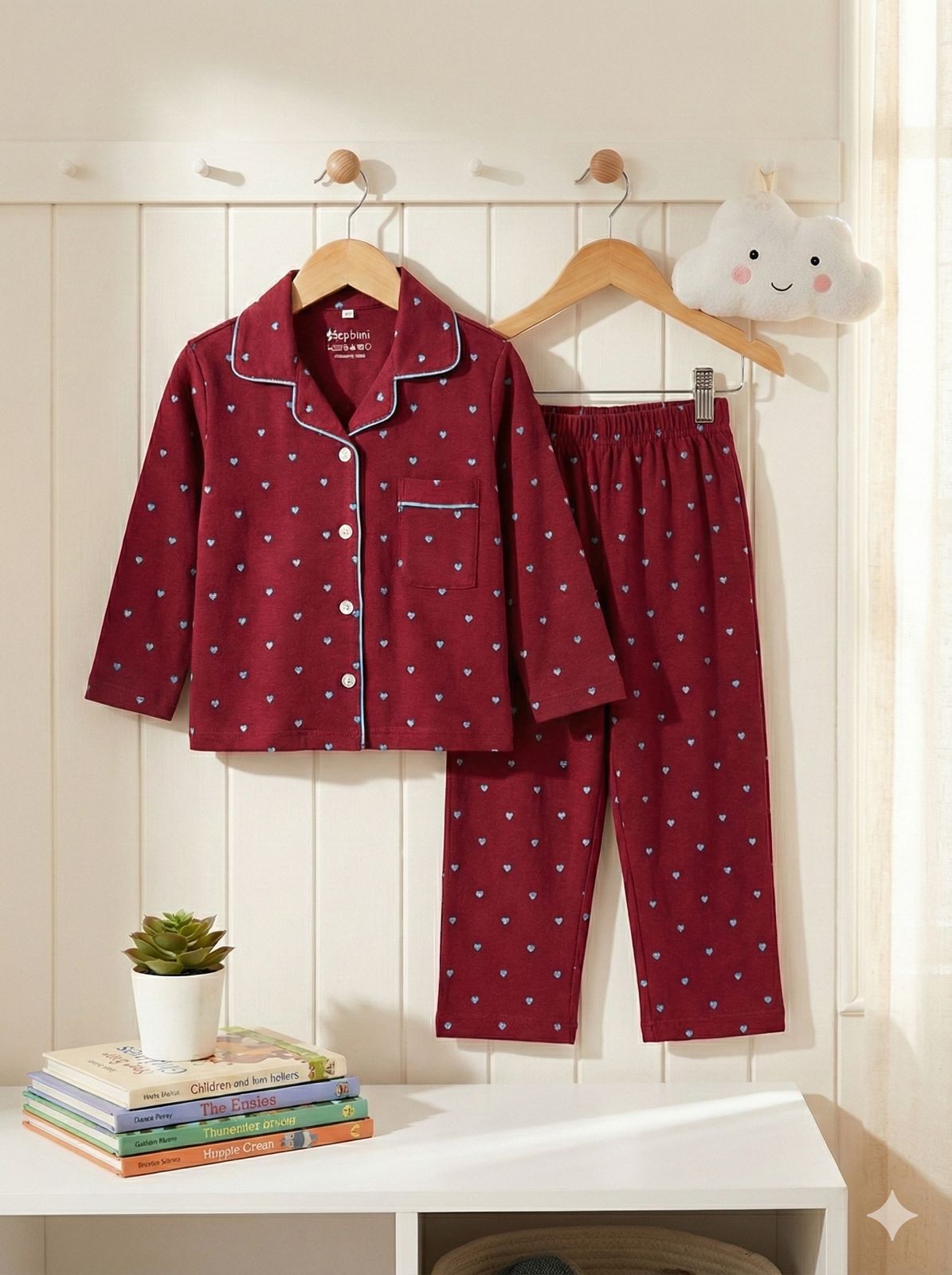 🌸❤️ Boys Maroon Heart Printed Night Suit Set