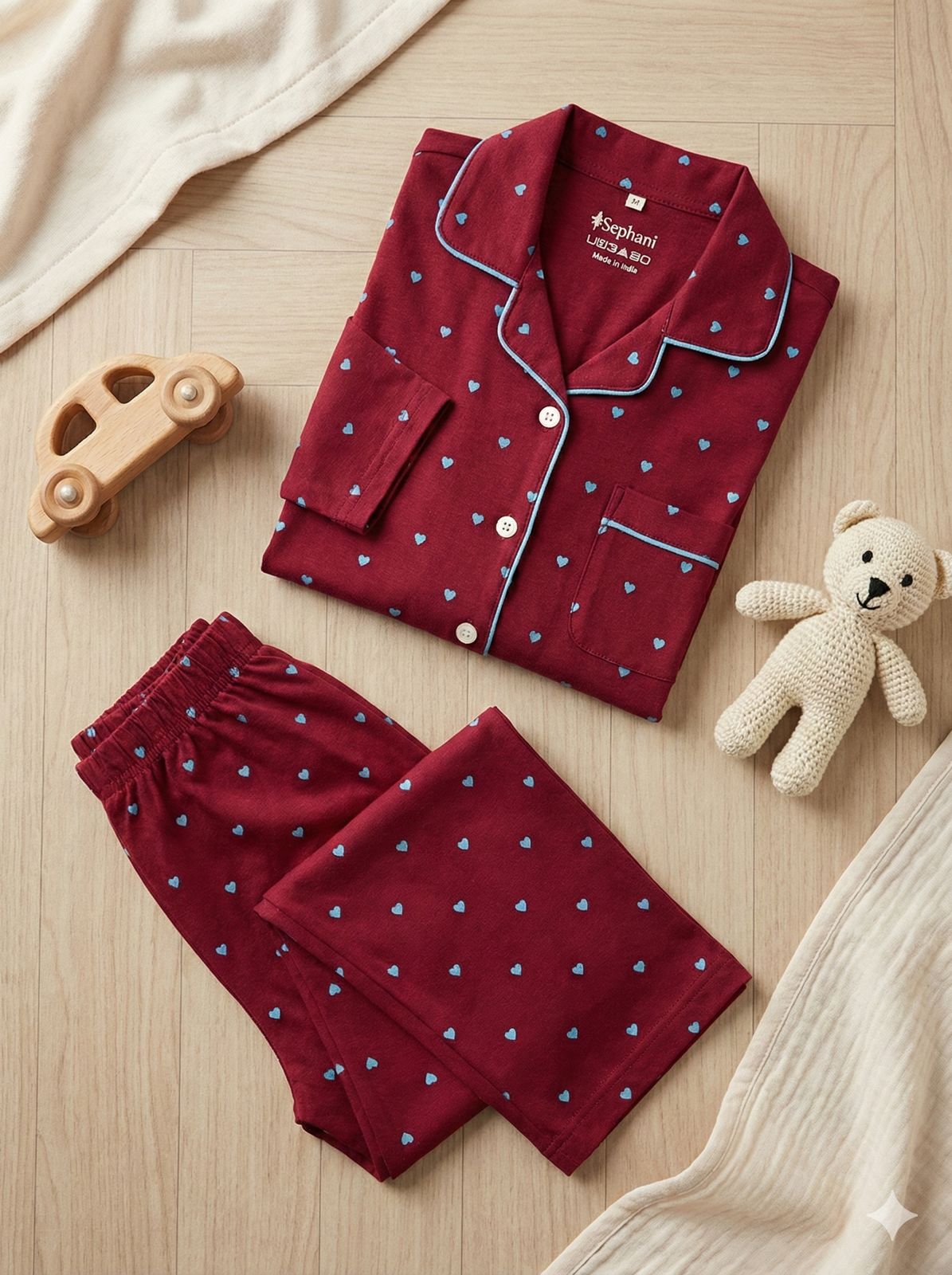 ❤️ Kids Heart Print Cotton Night Suit – Maroon Full Sleeve Pajama Set for Girls