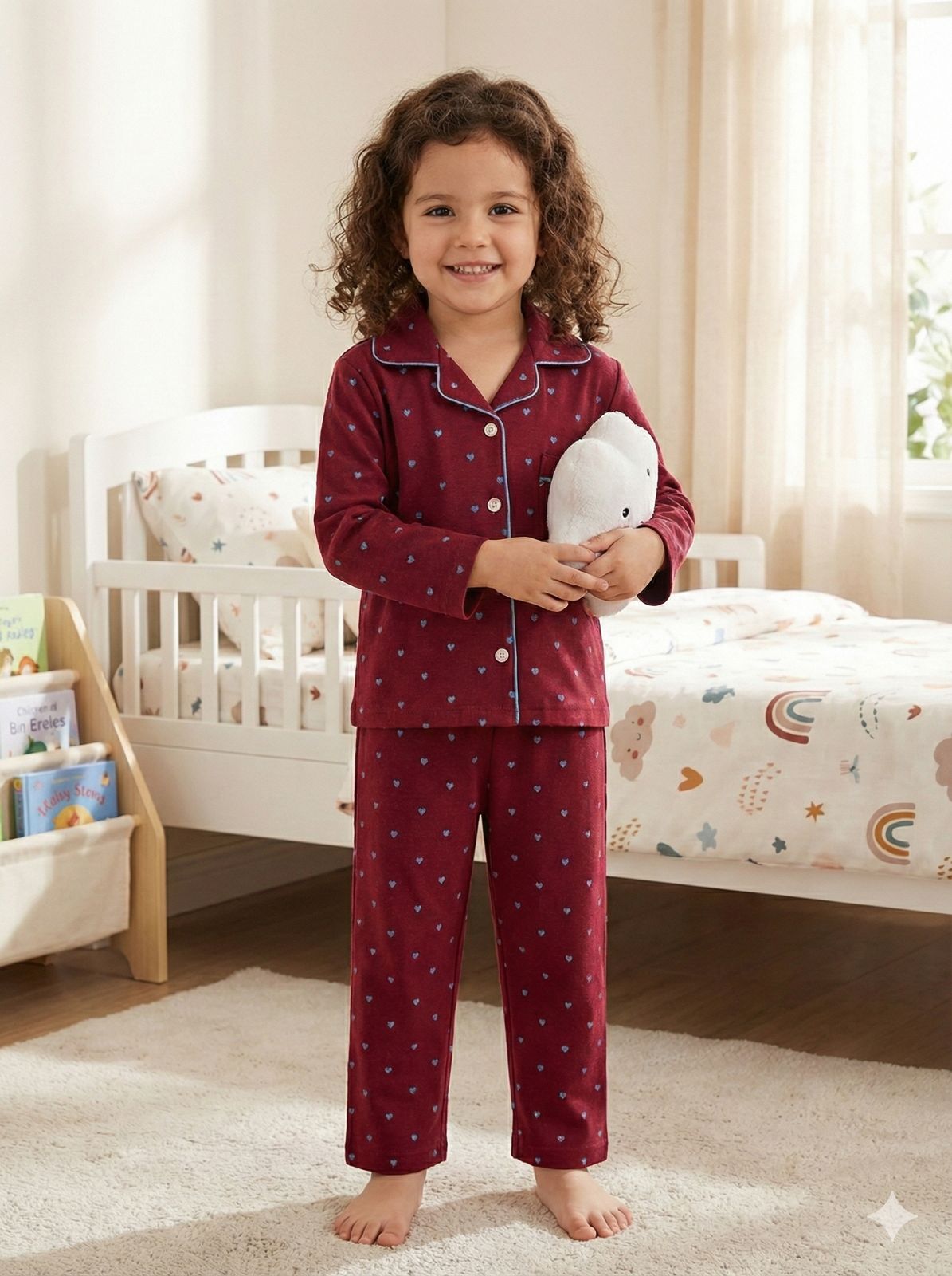 ❤️ Kids Heart Print Cotton Night Suit – Maroon Full Sleeve Pajama Set for Girls