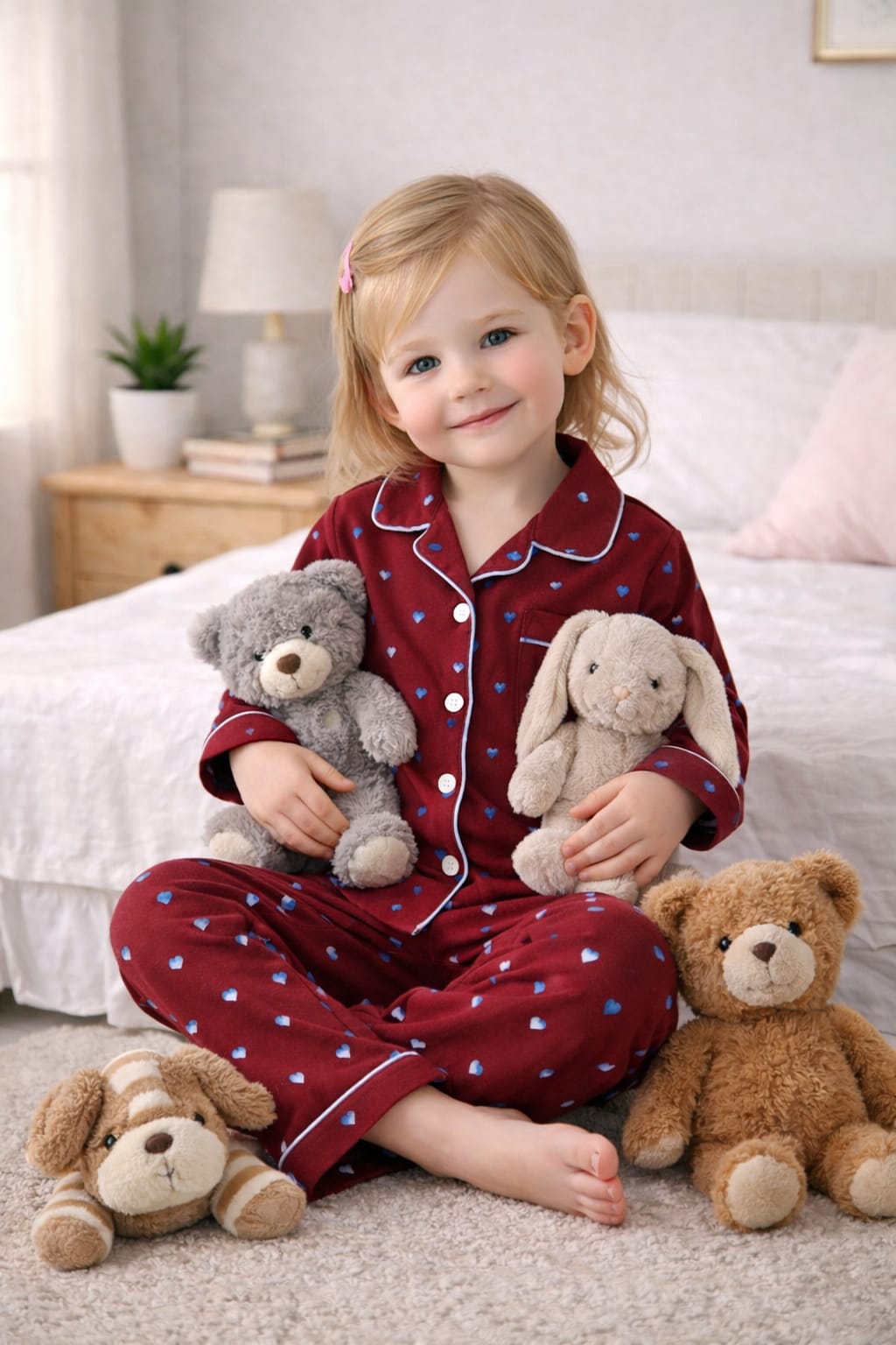 ❤️ Kids Heart Print Cotton Night Suit – Maroon Full Sleeve Pajama Set for Girls