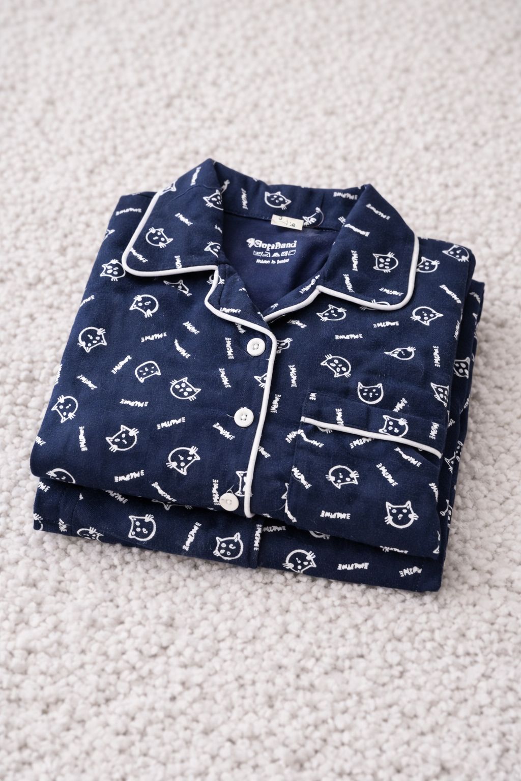 🐱 Kids Cat Print Cotton Night Suit – Navy Blue Full Sleeve Pajama Set for Girls
