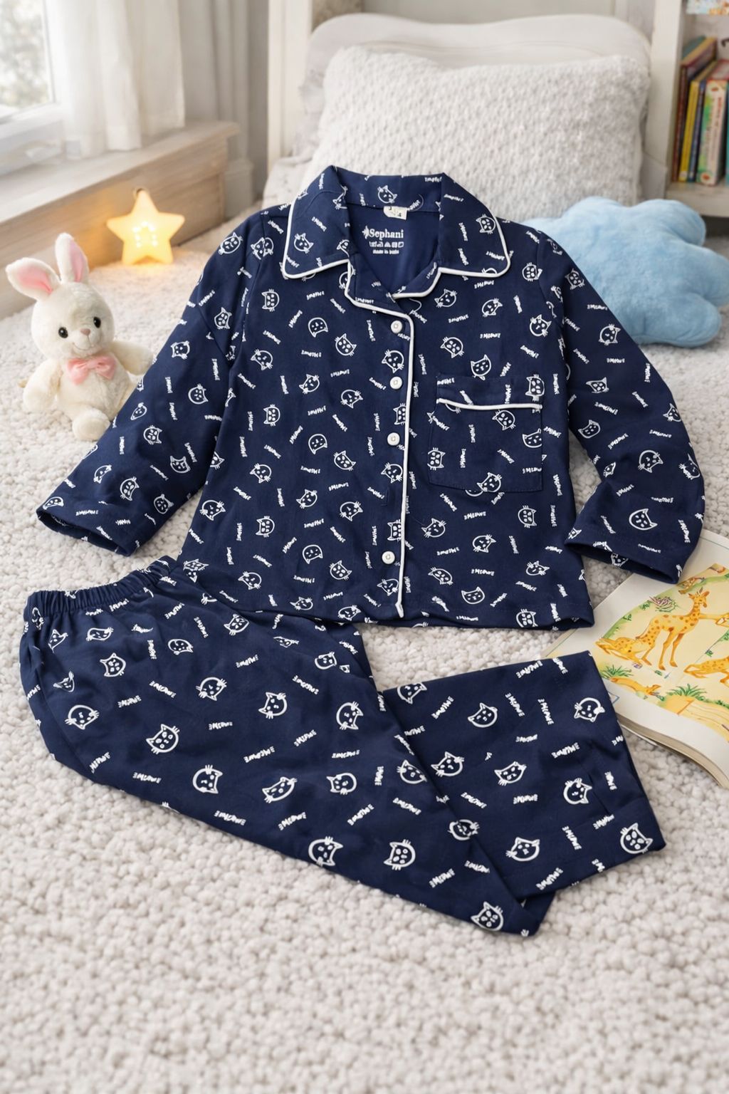 🐱 Kids Cat Print Cotton Night Suit – Navy Blue Full Sleeve Pajama Set for Girls