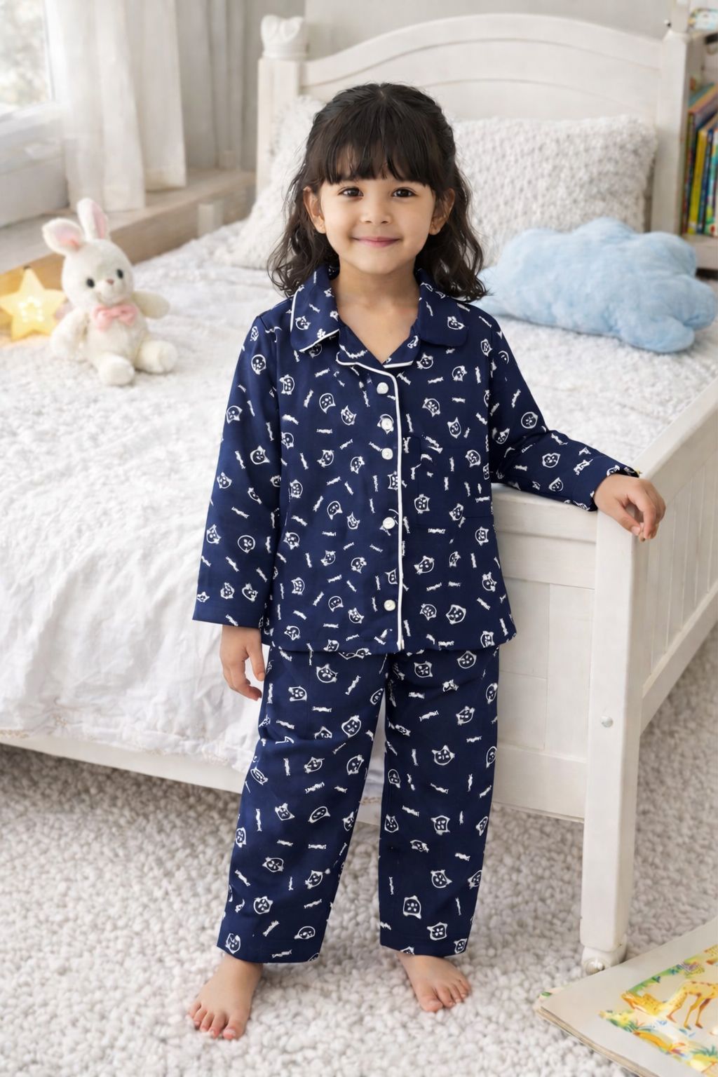 🐱 Kids Cat Print Cotton Night Suit – Navy Blue Full Sleeve Pajama Set for Girls