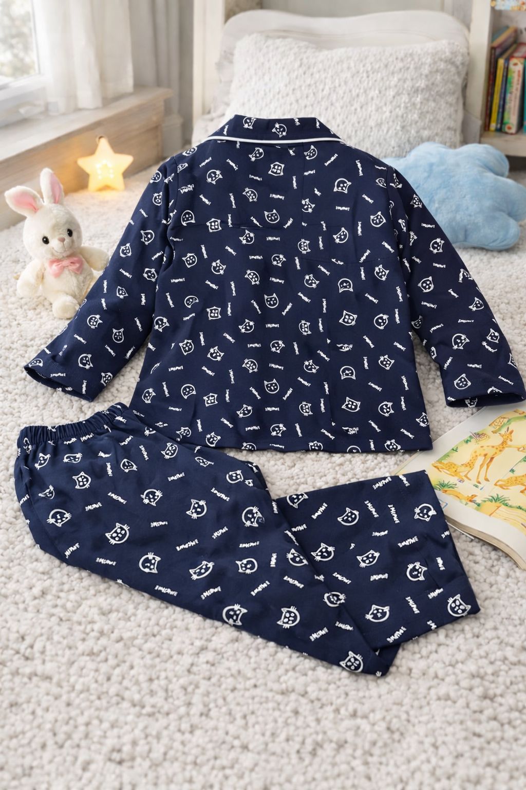 🐱 Kids Cat Print Cotton Night Suit – Navy Blue Full Sleeve Pajama Set for Girls