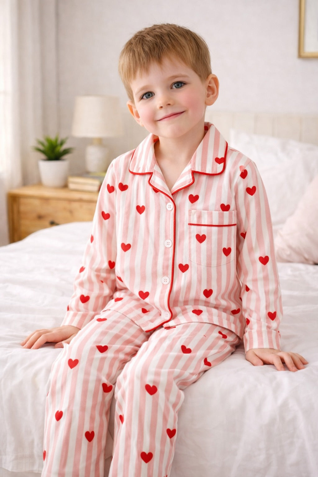 Sephani Boys Cotton Night Suit Set – Pink Striped Heart Print Button-Down Sleepwear (2-Piece)