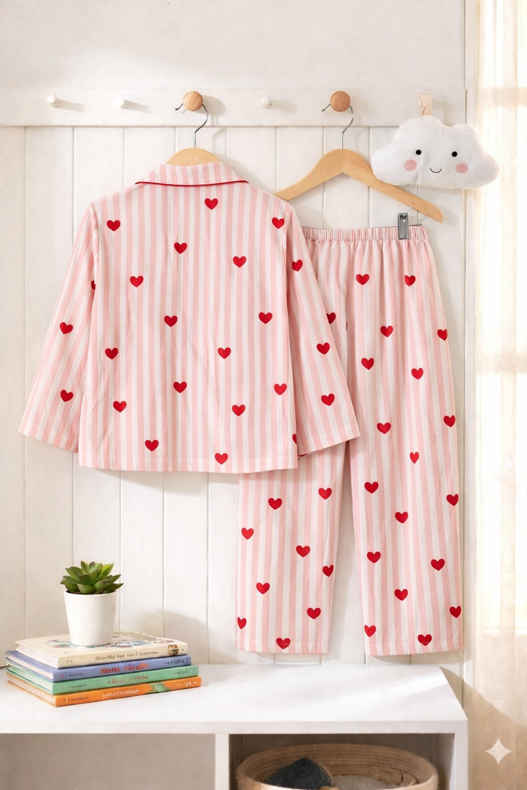 Sephani Boys Cotton Night Suit Set – Pink Striped Heart Print Button-Down Sleepwear (2-Piece)