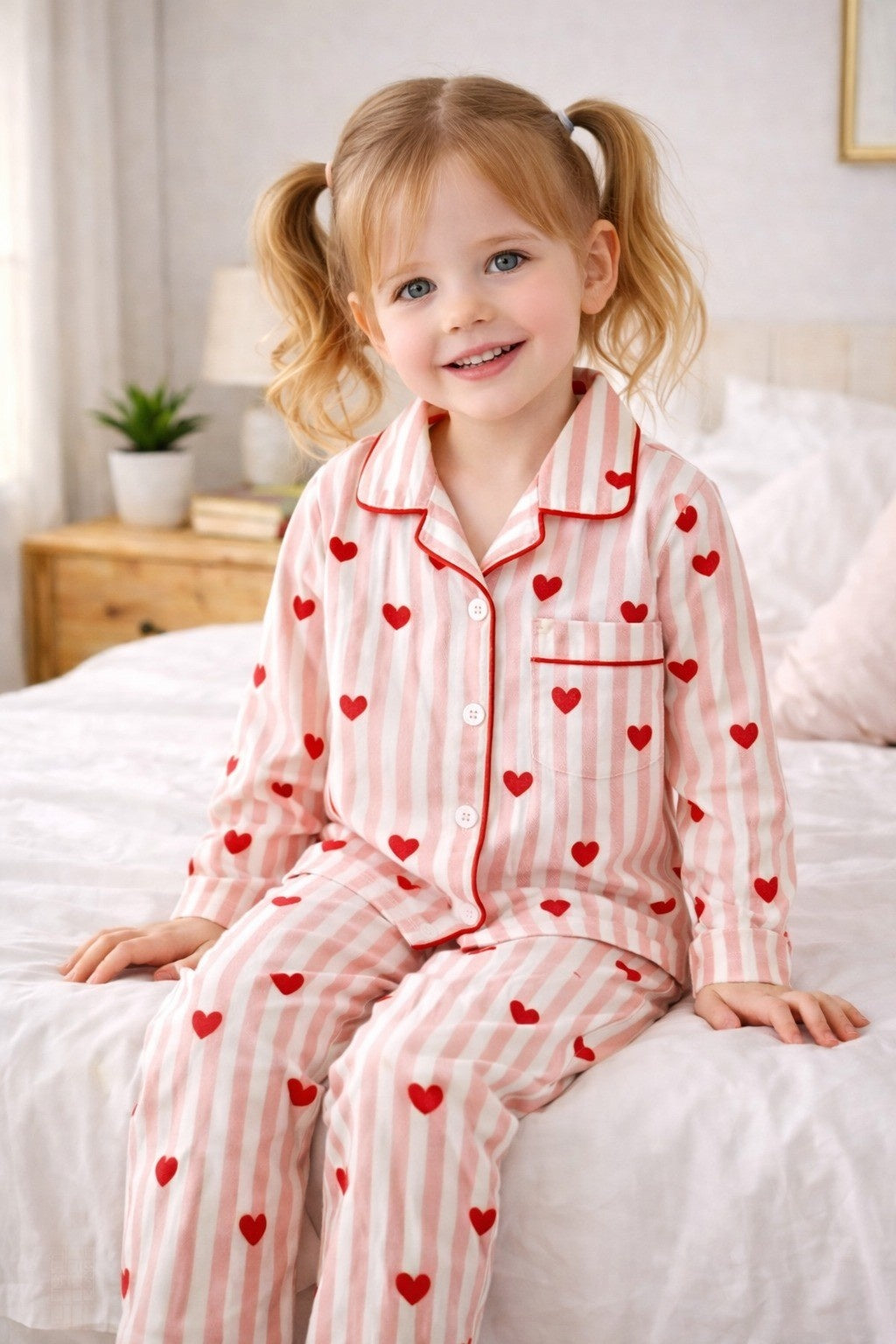 💖 Kids Heart Print Cotton Night Suit – Pink Striped Full Sleeve Pajama Set for Girls