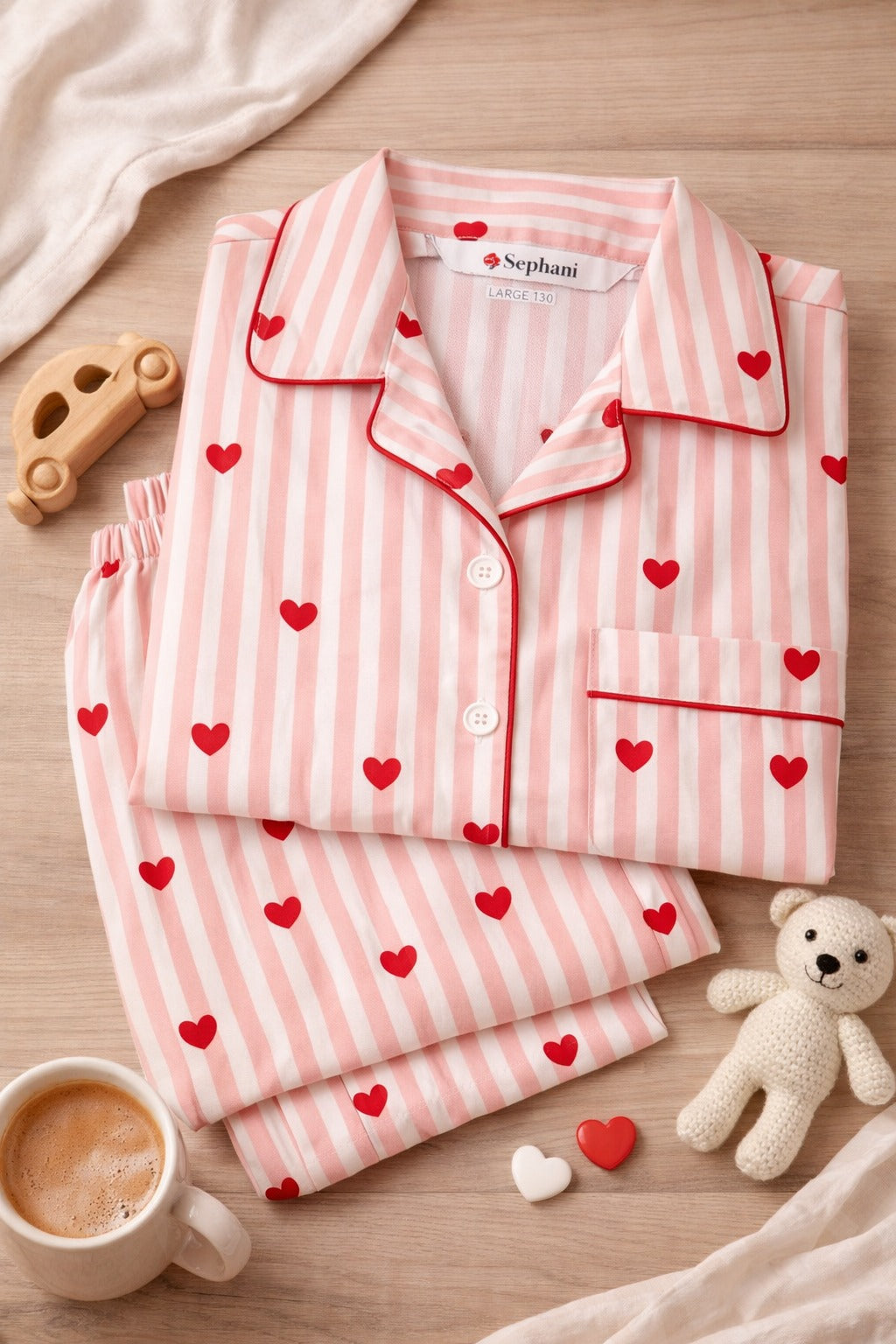 💖 Kids Heart Print Cotton Night Suit – Pink Striped Full Sleeve Pajama Set for Girls