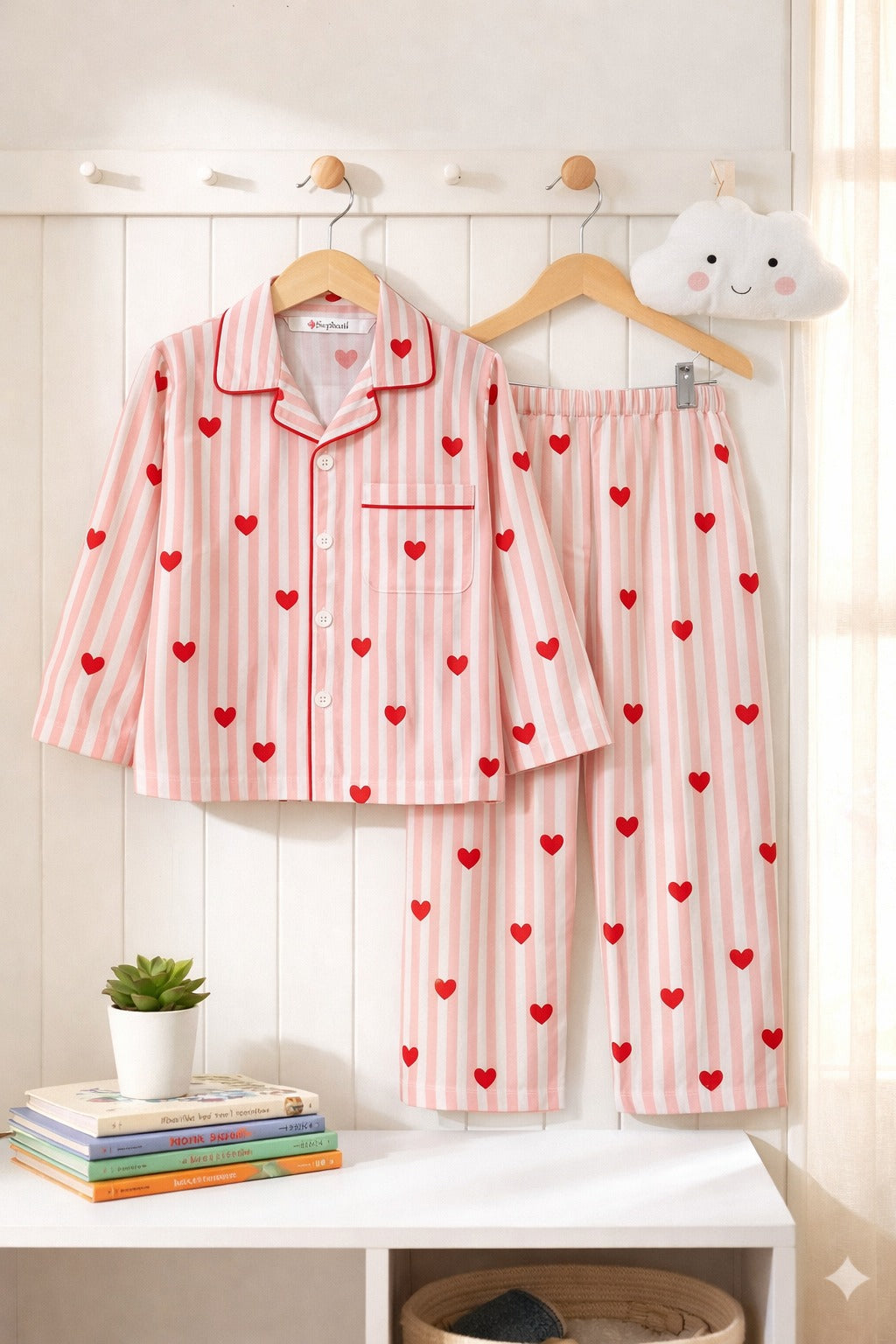 💖 Kids Heart Print Cotton Night Suit – Pink Striped Full Sleeve Pajama Set for Girls