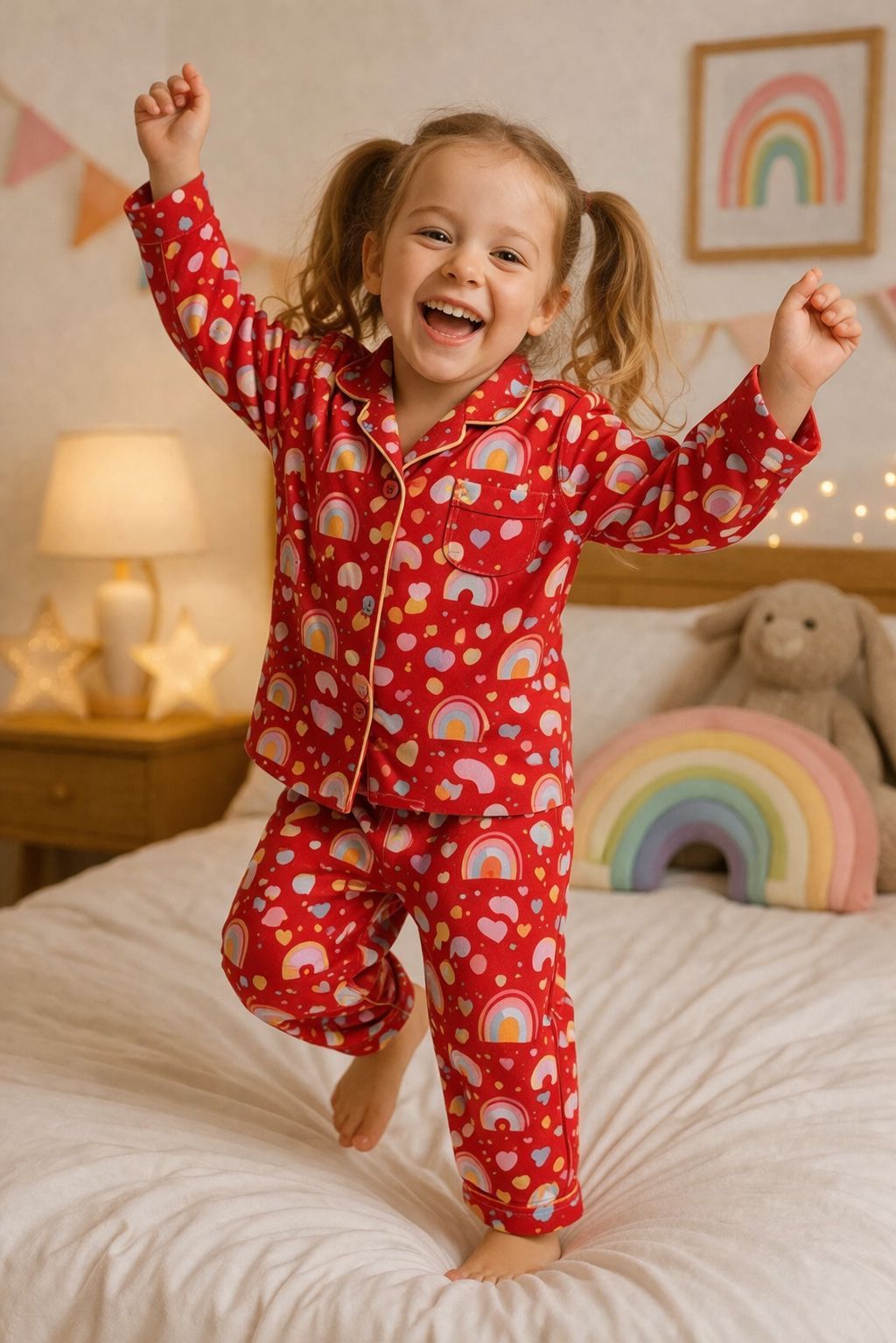 💕Kids Rainbow Print Night Suit Set | Cute Red Cotton Pajama Set for Girls | Soft & Comfortable Sleepwear (Copy)