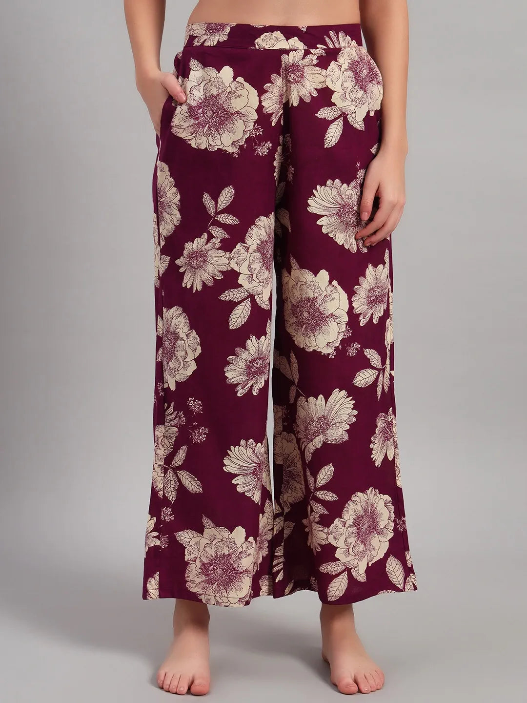 💜 Women Floral Print Night Suit – Maroon Cotton Lounge Wear Set
