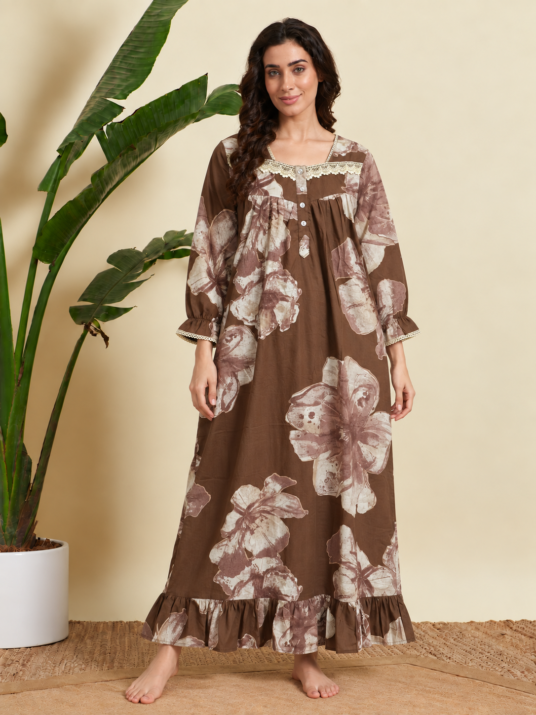 Sephani women’s brown floral printed cotton nightgown with full sleeves