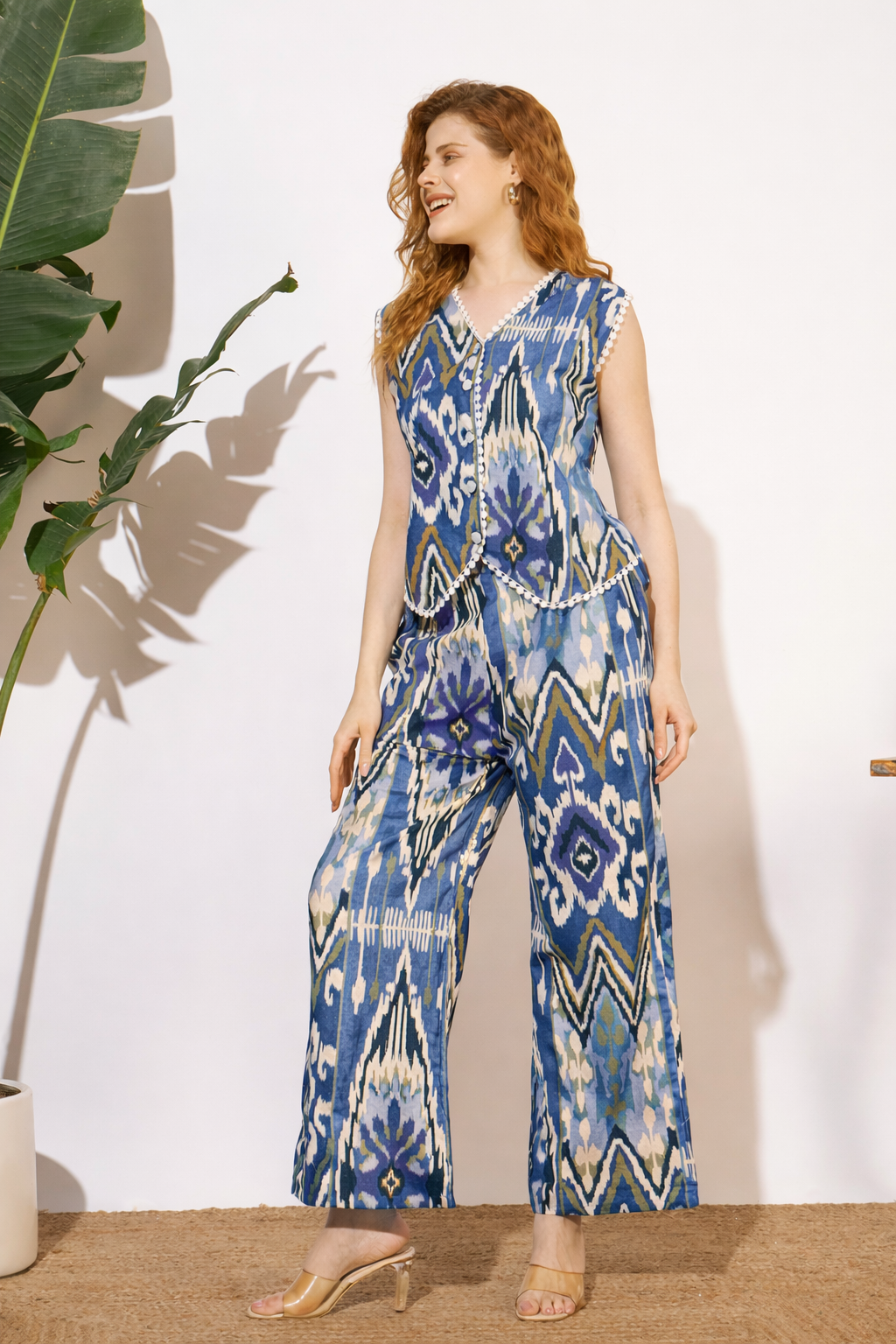 Women’s Blue Ikat Printed Sleeveless Co-Ord Set