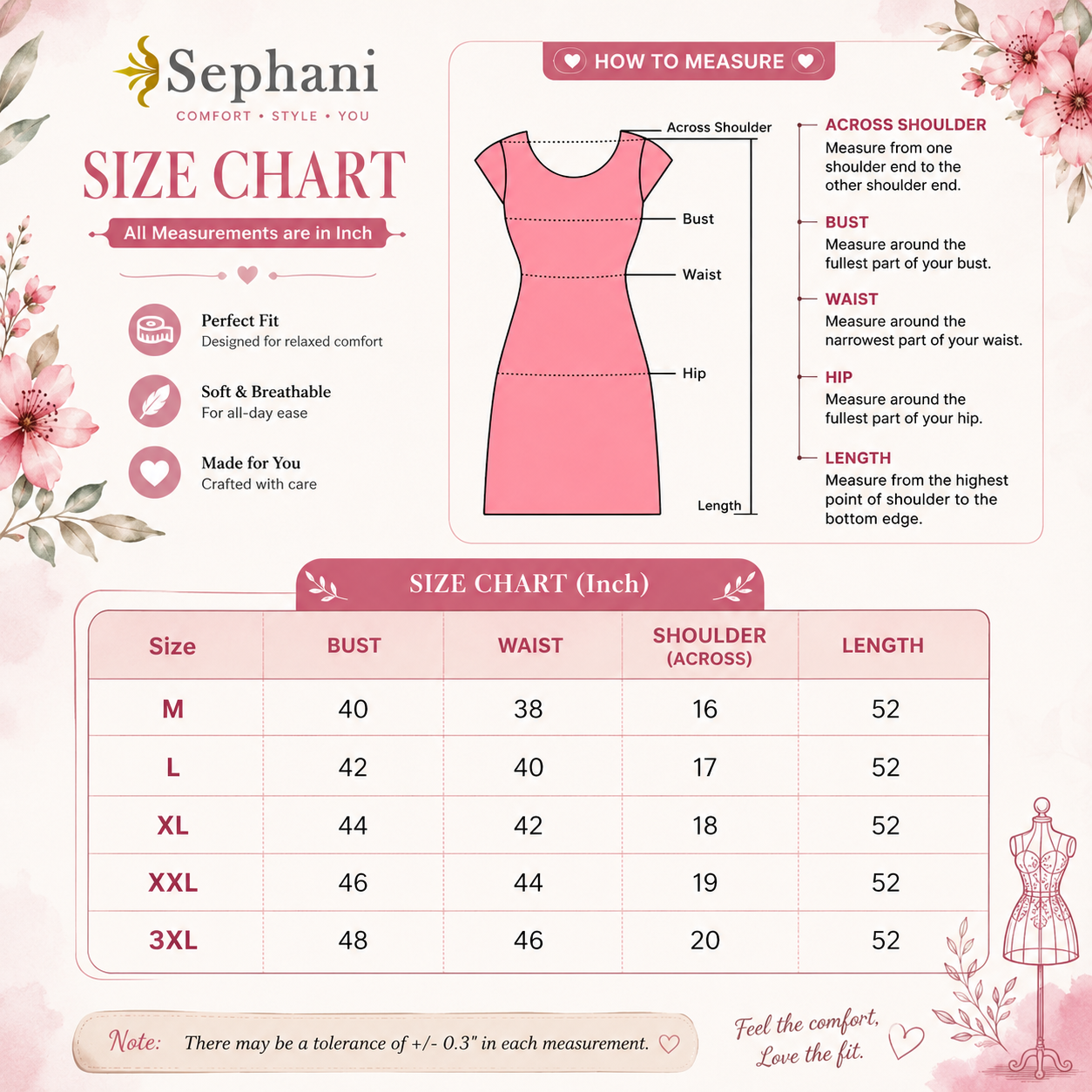 A Sephani size chart infographic for women's apparel, featuring a pink dress measurement diagram, step-by-step how-to guide, and a size table listing measurements for sizes M through 3XL in inches.