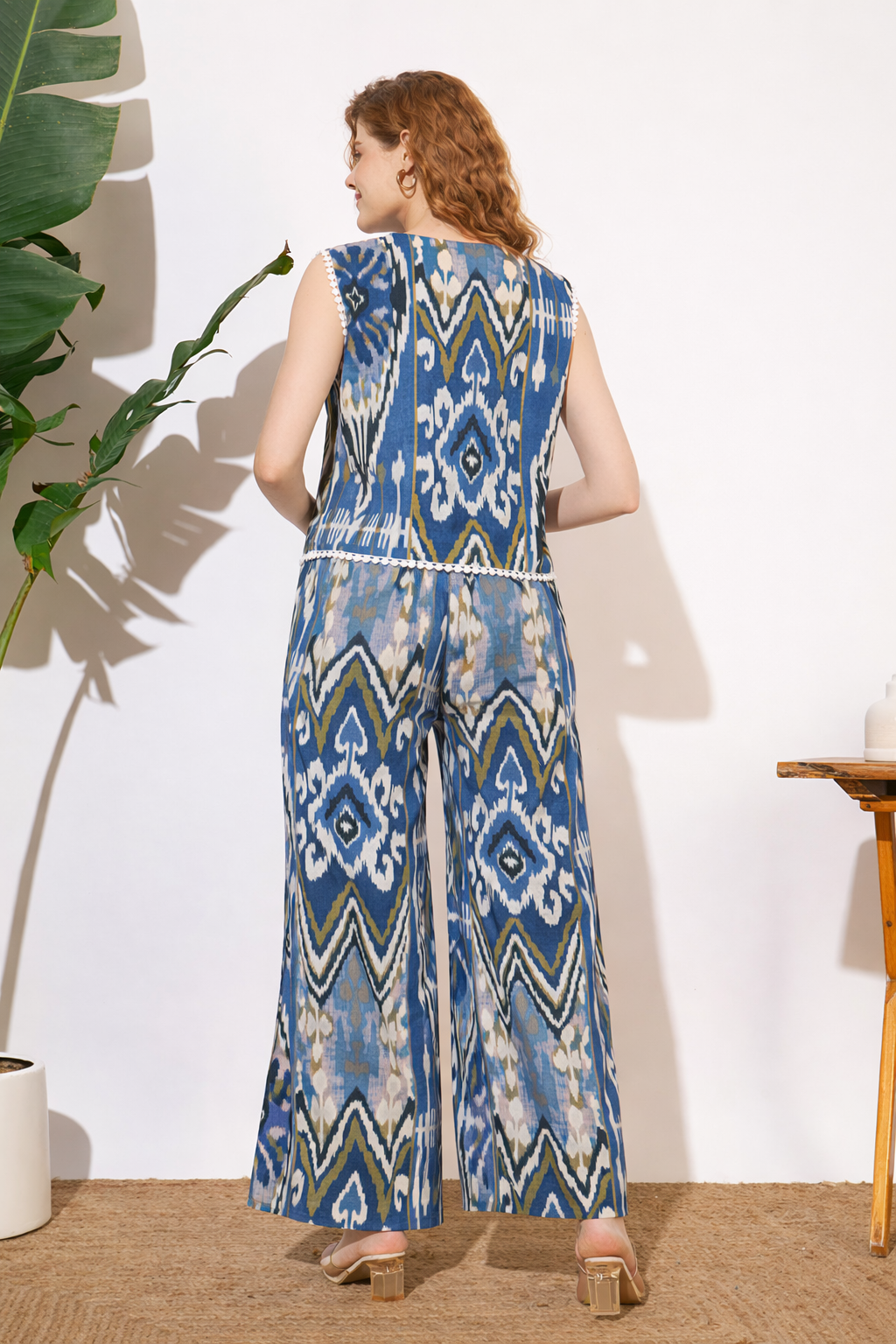 Women’s Blue Ikat Printed Sleeveless Co-Ord Set