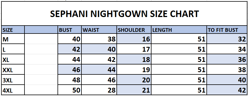Sephani nightgown size chart with measurements in millimeters.