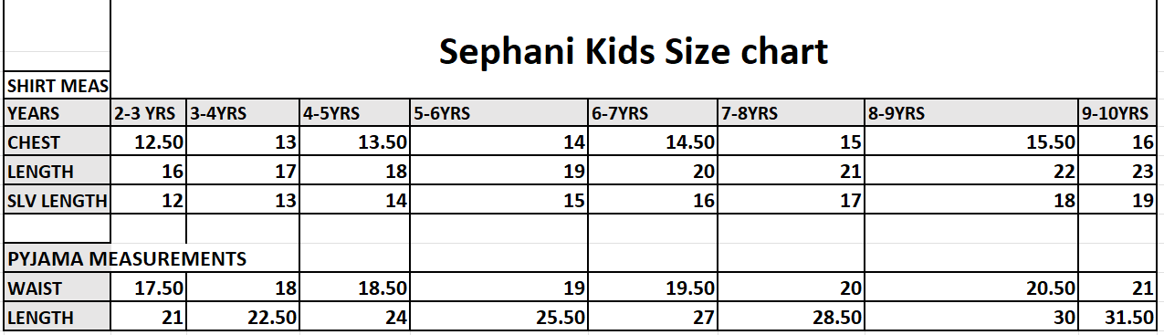 Sephani Kids size chart for shirts and pyjamas with measurements in centimeters.