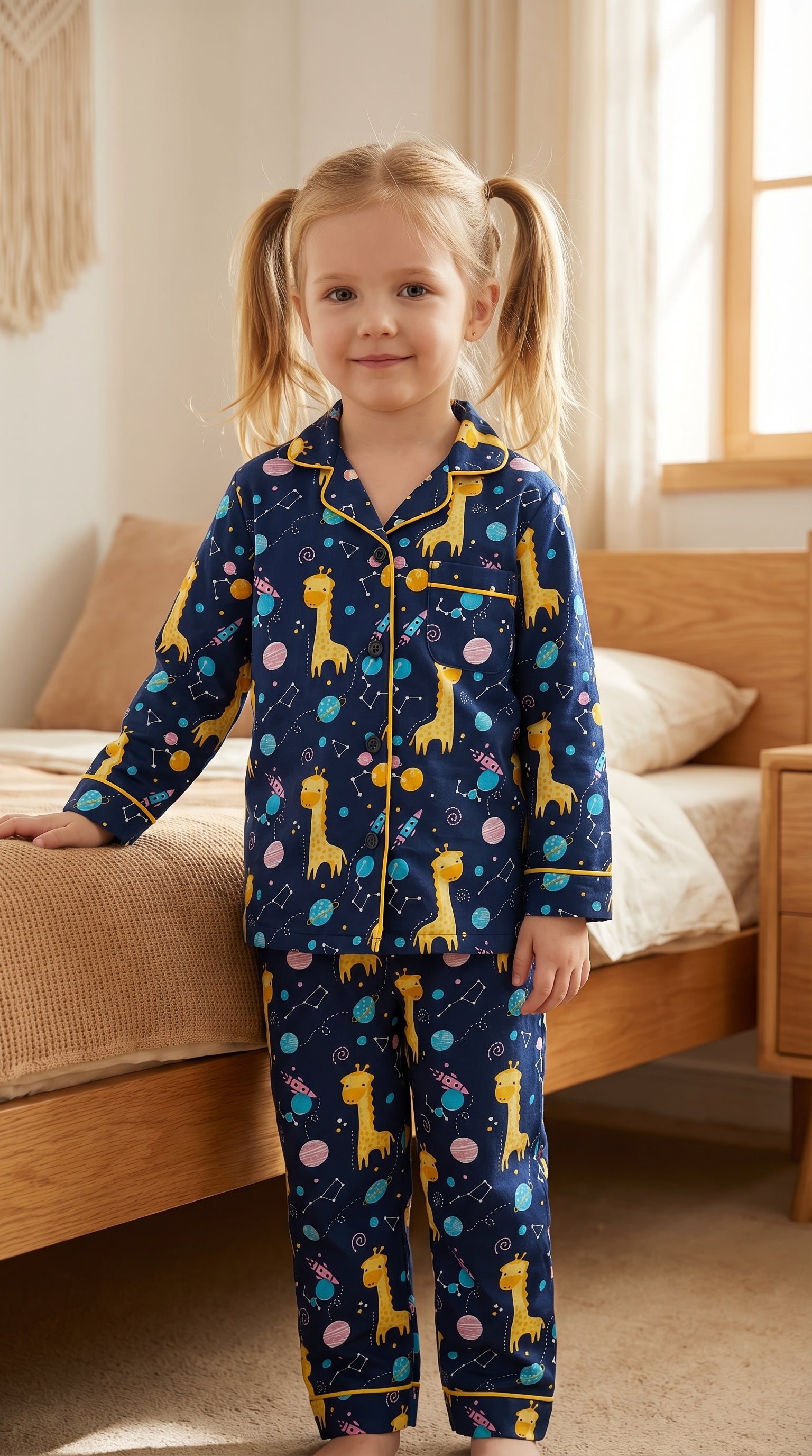 Giraffe Kids Night Suit – Soft Cotton Space Print Pajama Set