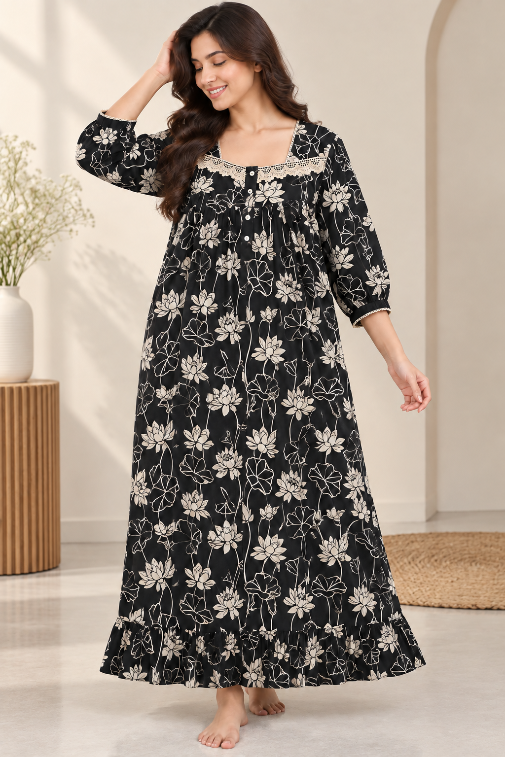 Sephani women’s black floral printed cotton nightgown with full sleeves and lace neckline.