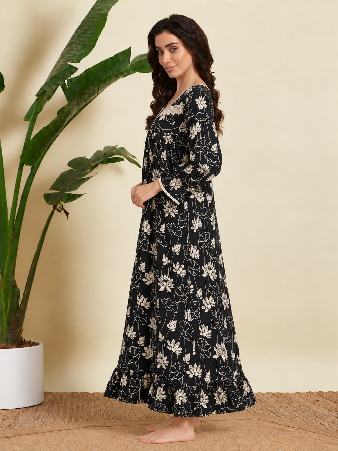 Sephani Women’s Black Floral Cotton Nightgown | Full Length Nightdress