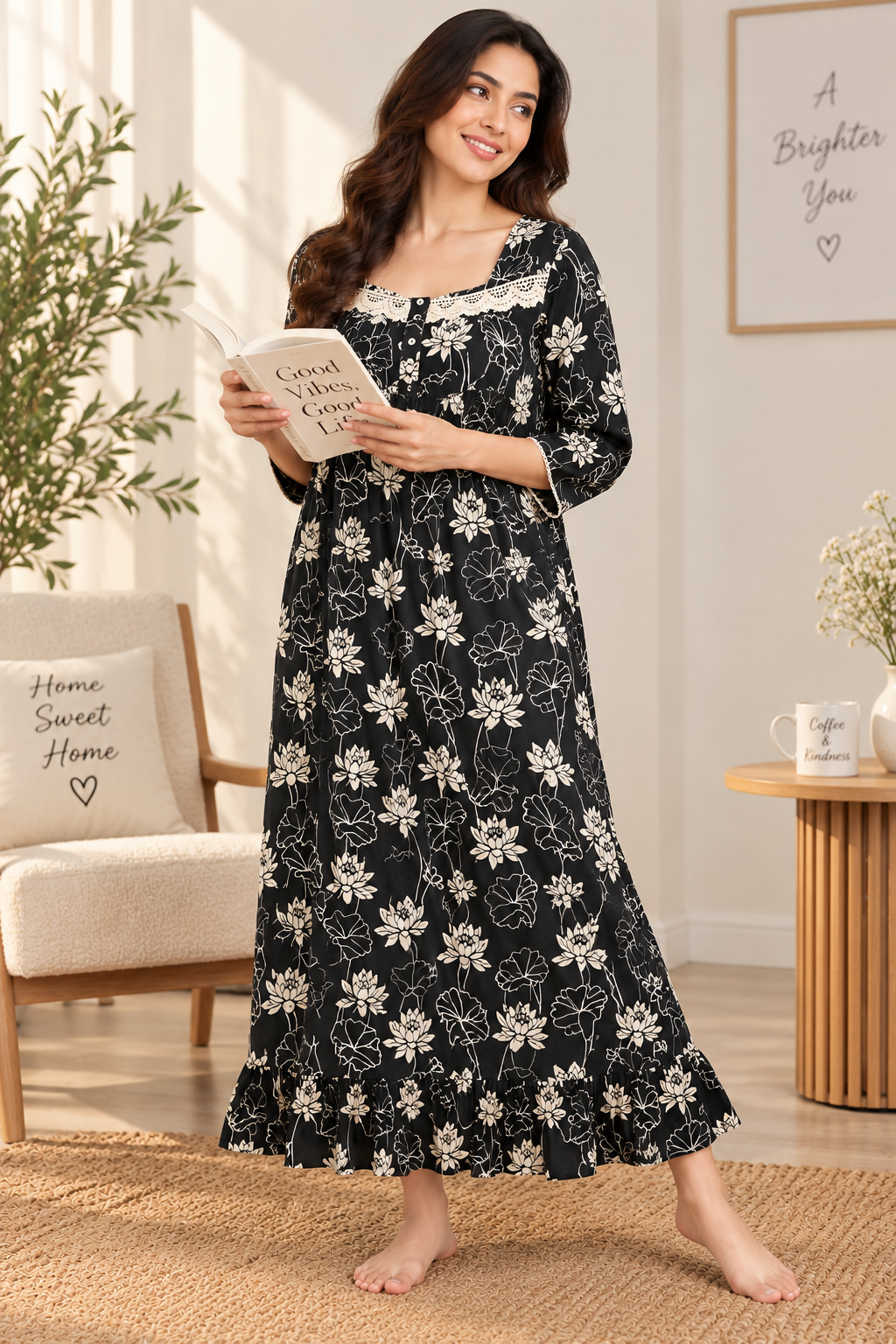 A woman stands barefoot in a cozy living room wearing a long black nightgown with a white floral print and holding a book. The room features a beige armchair, a small wooden side table, and warm natural light.