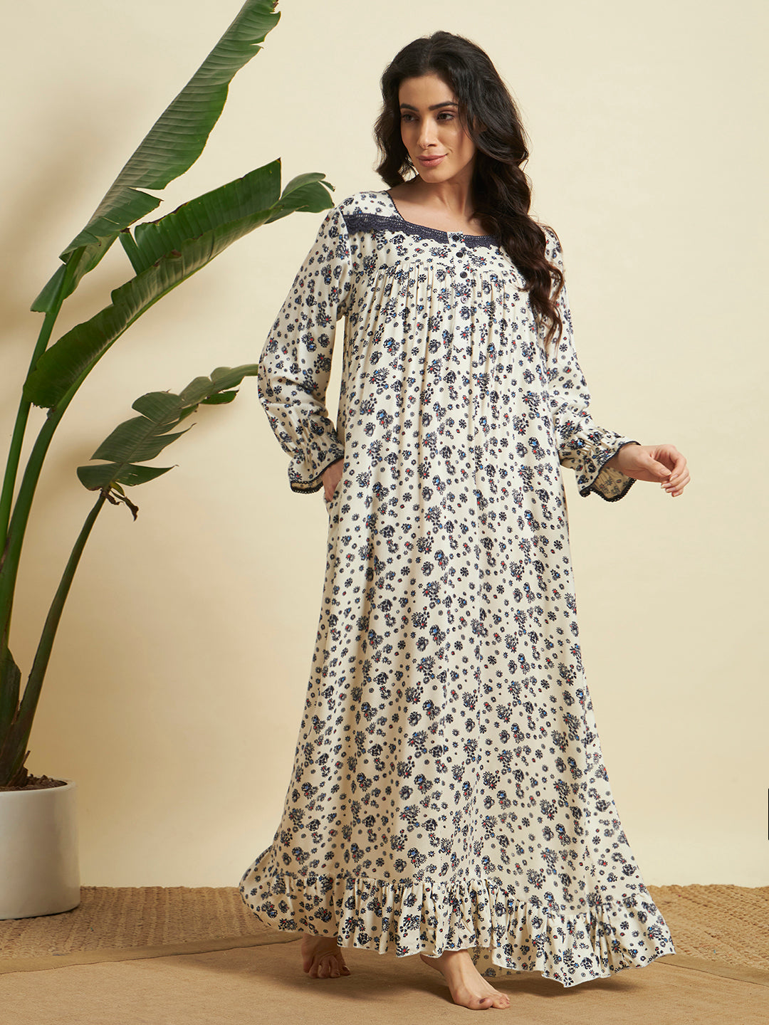 🌼 Cream Floral Printed Night Gown – Elegant & Comfortable Sleepwear