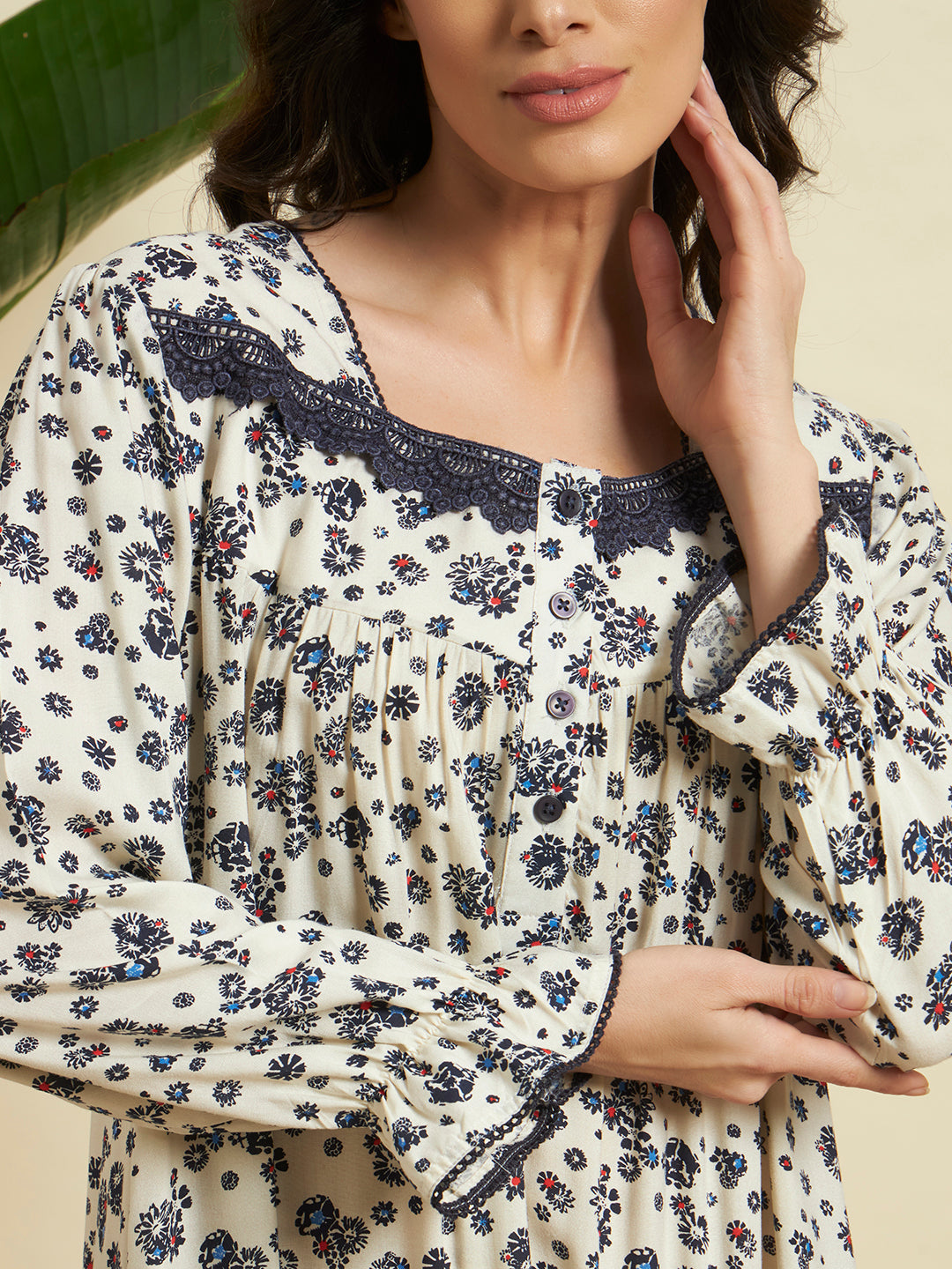 🌼 Cream Floral Printed Night Gown – Elegant & Comfortable Sleepwear