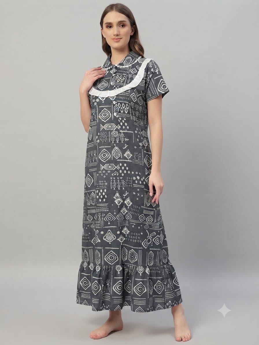 Elegant Grey abstract Cotton Nightdress with Frill Yoke – Soft & Breathable Sleepwear