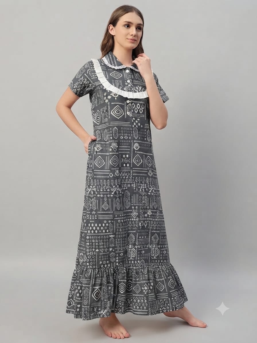 Elegant Grey abstract Cotton Nightdress with Frill Yoke – Soft & Breathable Sleepwear