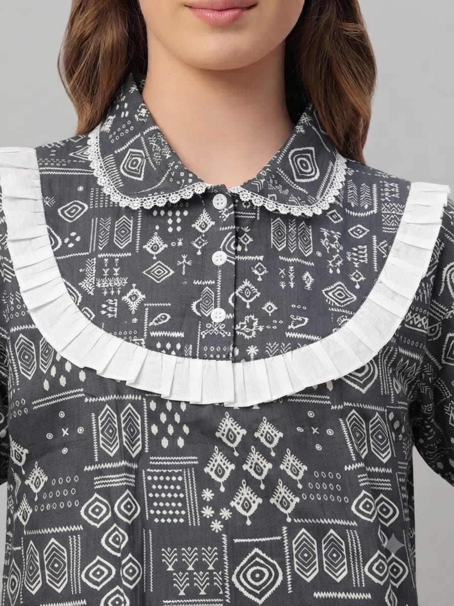 Elegant Grey abstract Cotton Nightdress with Frill Yoke – Soft & Breathable Sleepwear